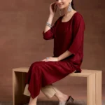 Red Woven Design Rayon Straight Kurta