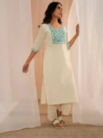 Off White Yoke Design Cotton Straight Kurta - Image 2