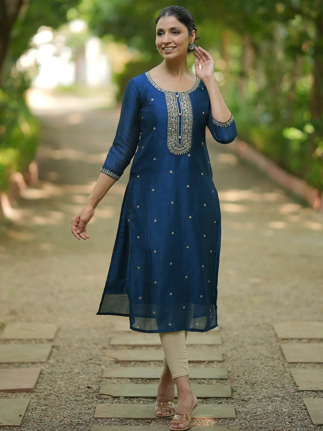 58139.webp Teal Embroidered Silk Straight Kurta - Image 1