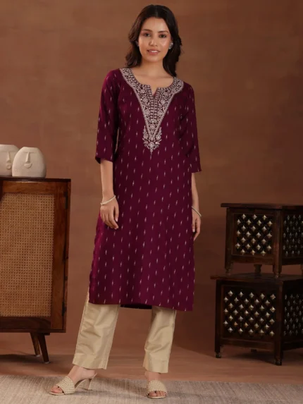 Maroon Woven Design Cotton Straight Kurta