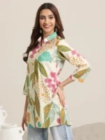 Beige Printed Silk Blend Straight Short Kurti - Image 2
